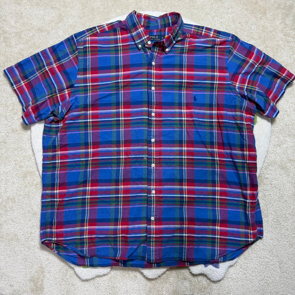 Polo Ralph Lauren Mens 2XB Plaid Short Sleeve Button Down Shirt Blue Red Cotton